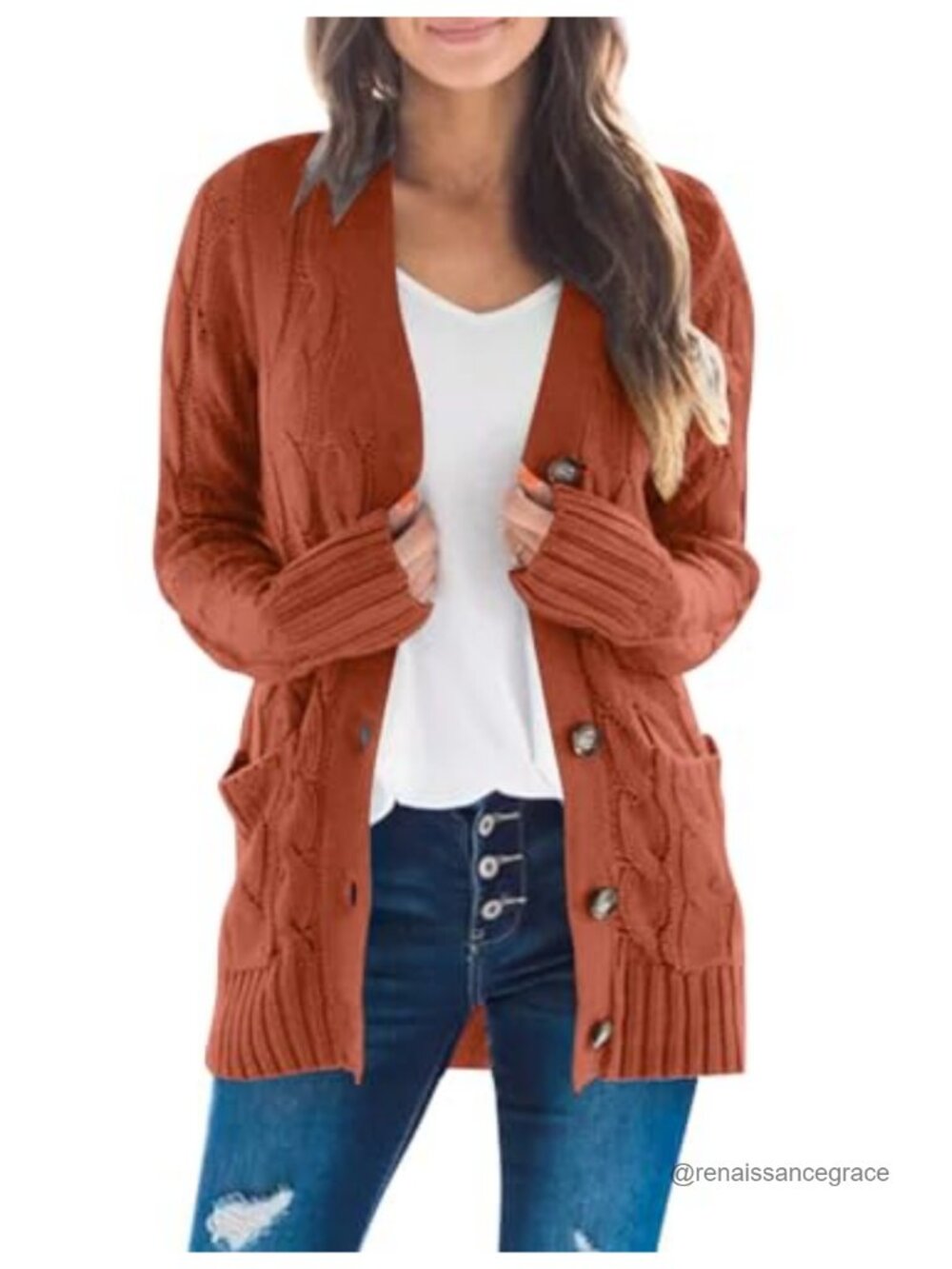 Women's Cable Knit Button Down Cardigan Long Sleeve Sweater with Pockets